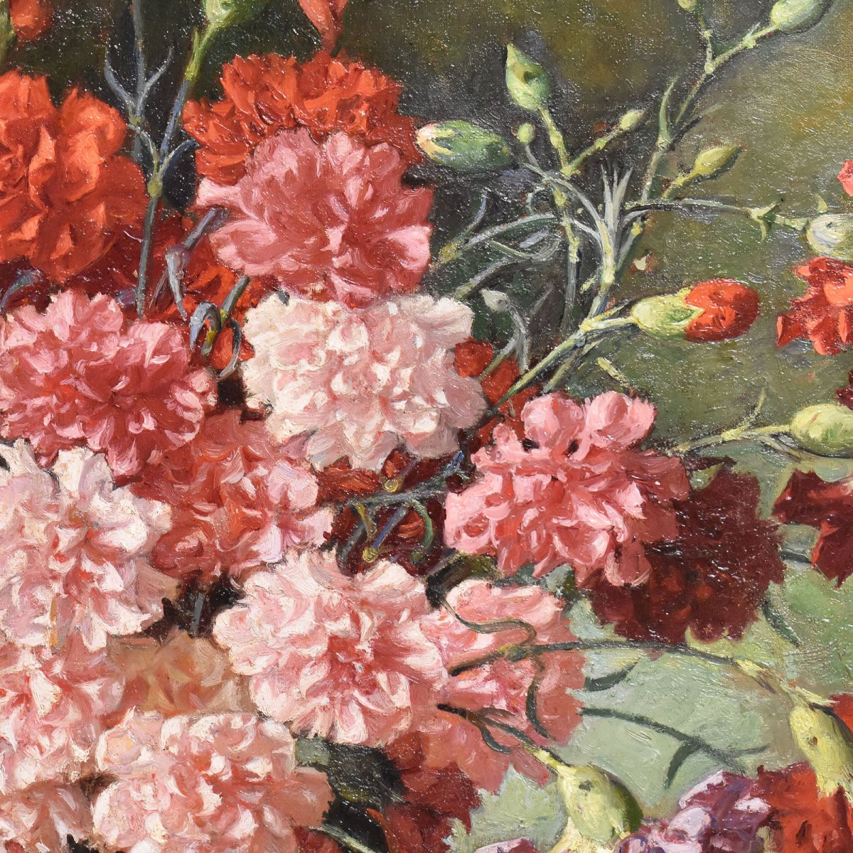 Antique Still Life Painting, Flowers Painting, Red Carnations, Oil On Canvas. (qf676)-photo-2