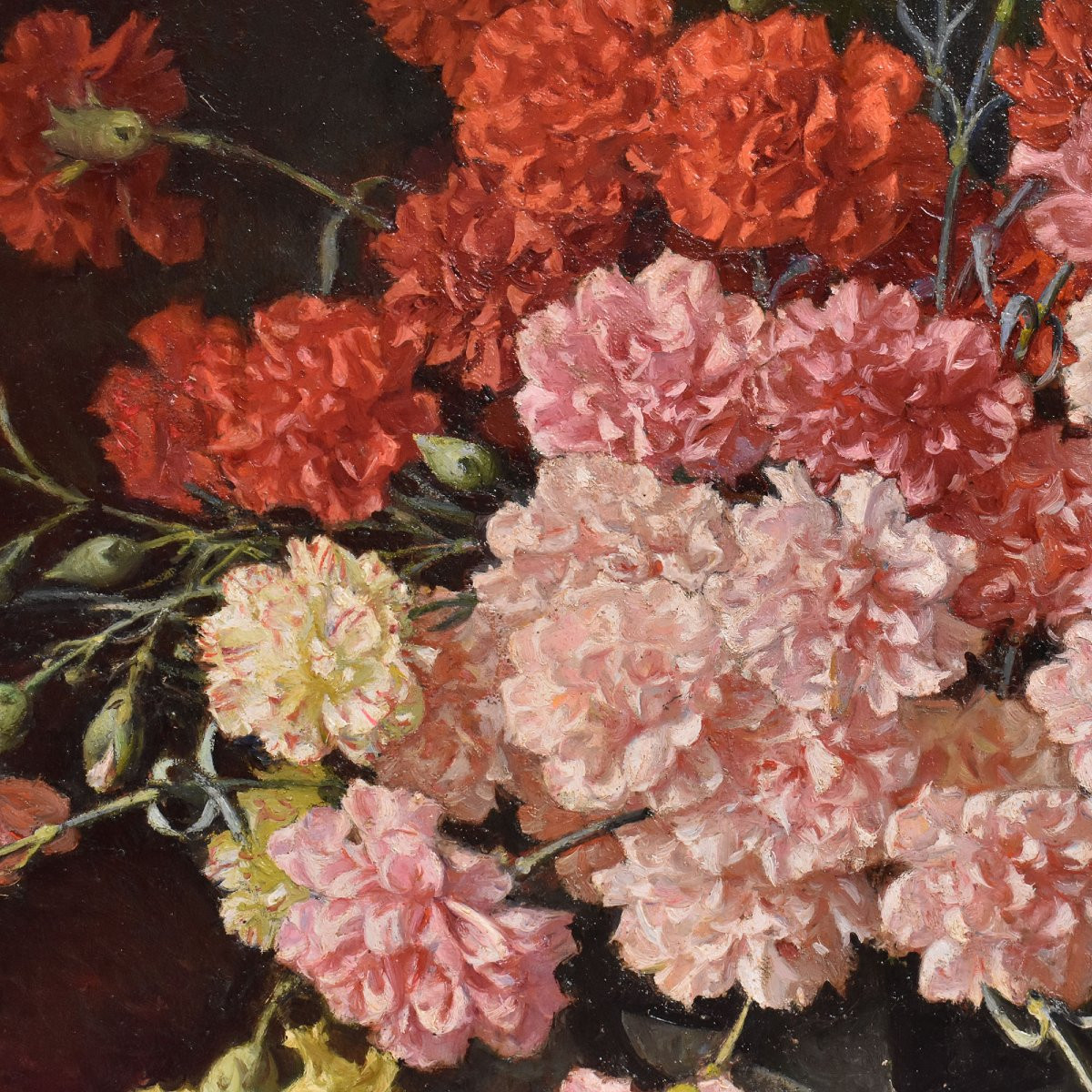 Antique Still Life Painting, Flowers Painting, Red Carnations, Oil On Canvas. (qf676)-photo-3