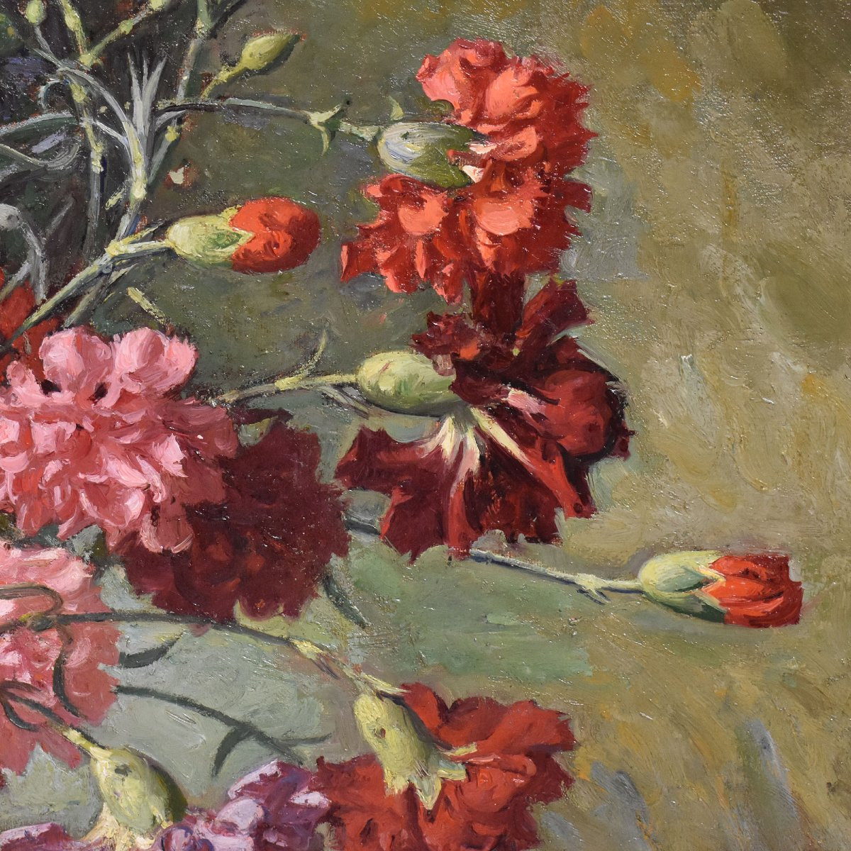 Antique Still Life Painting, Flowers Painting, Red Carnations, Oil On Canvas. (qf676)-photo-4