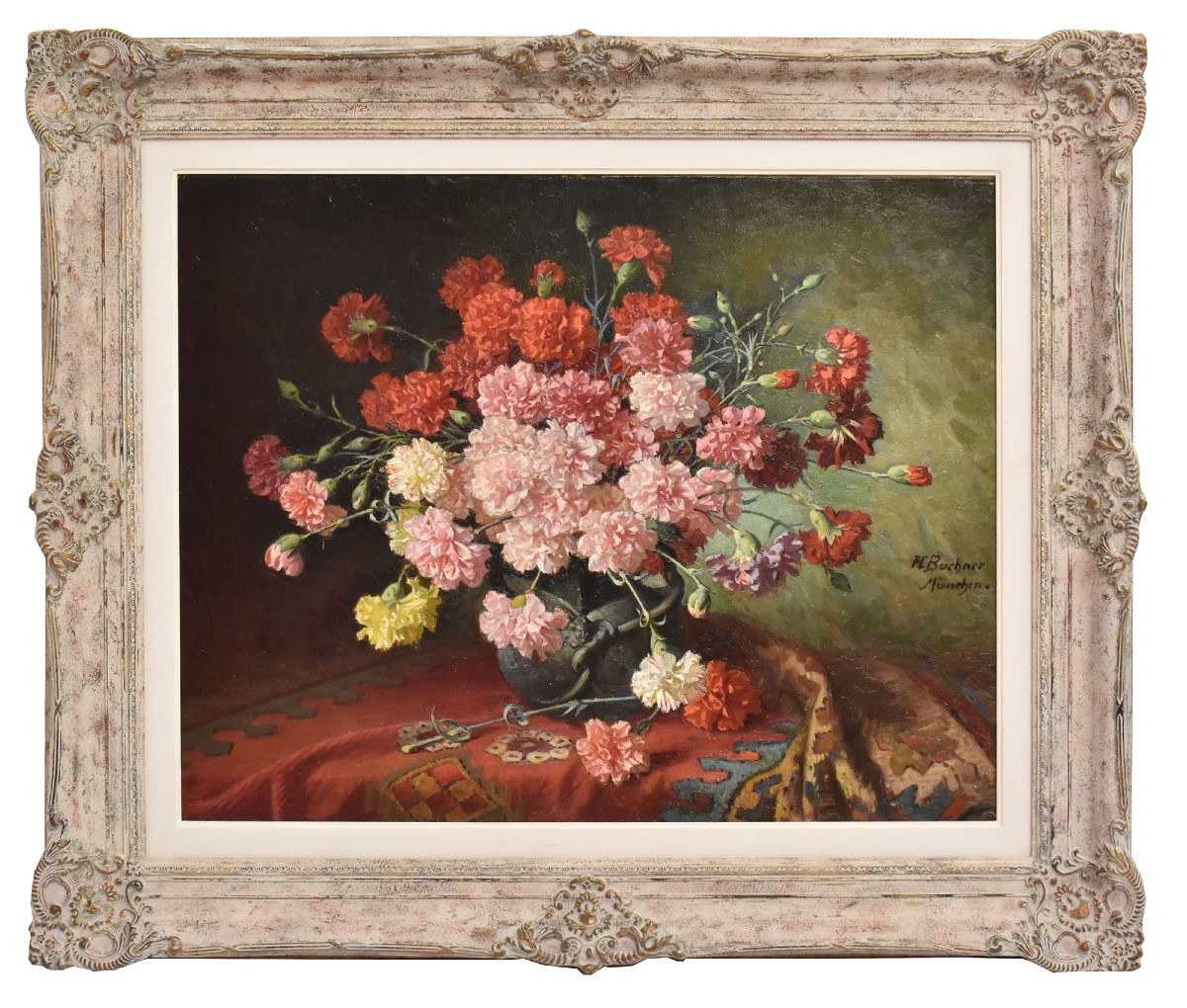 Antique Still Life Painting, Flowers Painting, Red Carnations, Oil On Canvas. (qf676)