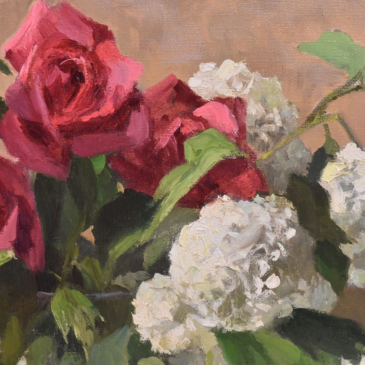 Tableau Ancien, Jules Marie Joseph Roblin, Nature Morte De Roses Et Boule De Mai.  (QF677)-photo-3