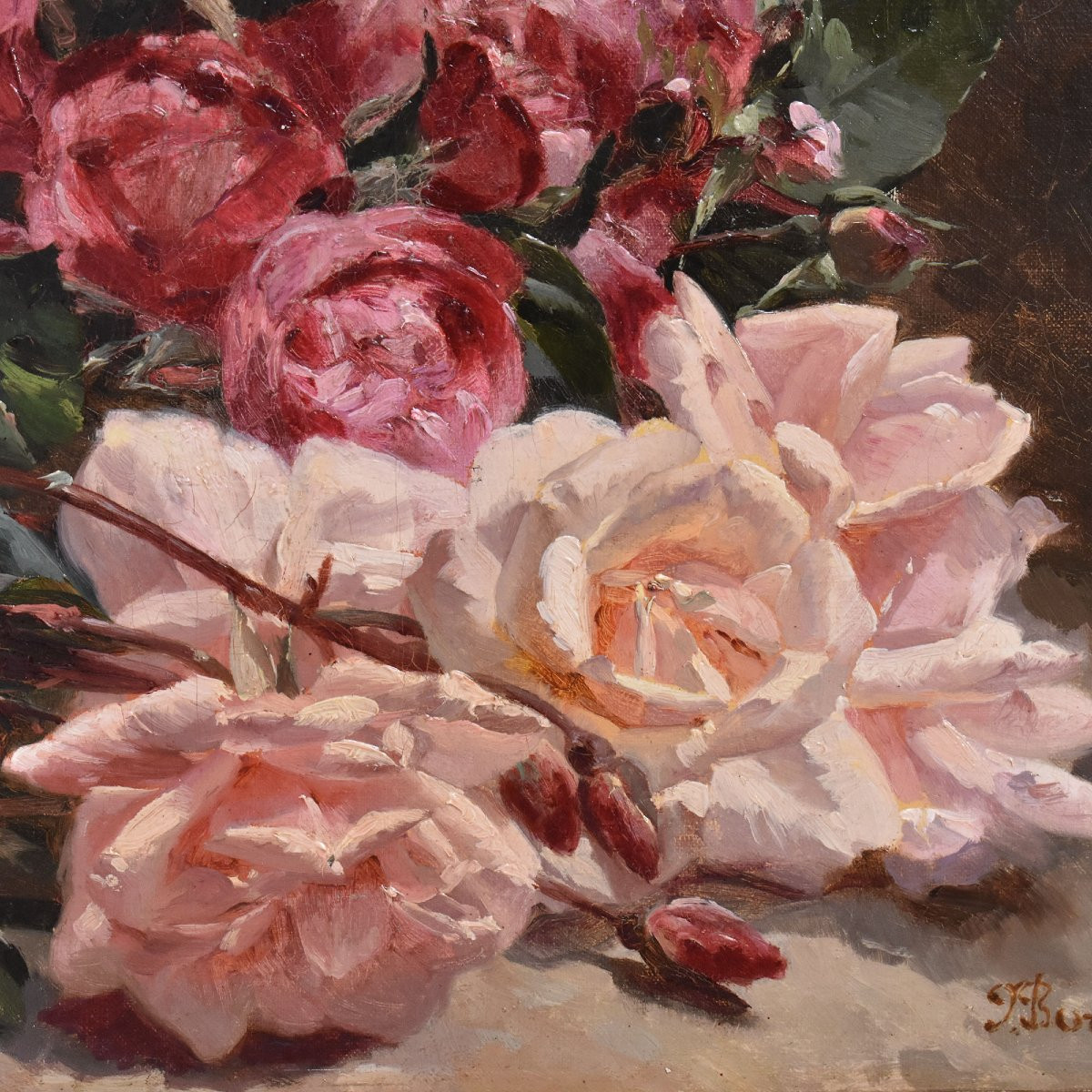 Tableau Ancien Fleurs, Pierre Bourgogne, Peinture Fleurs, Roses Rouges Et Blanches, XIX (QF678)-photo-4