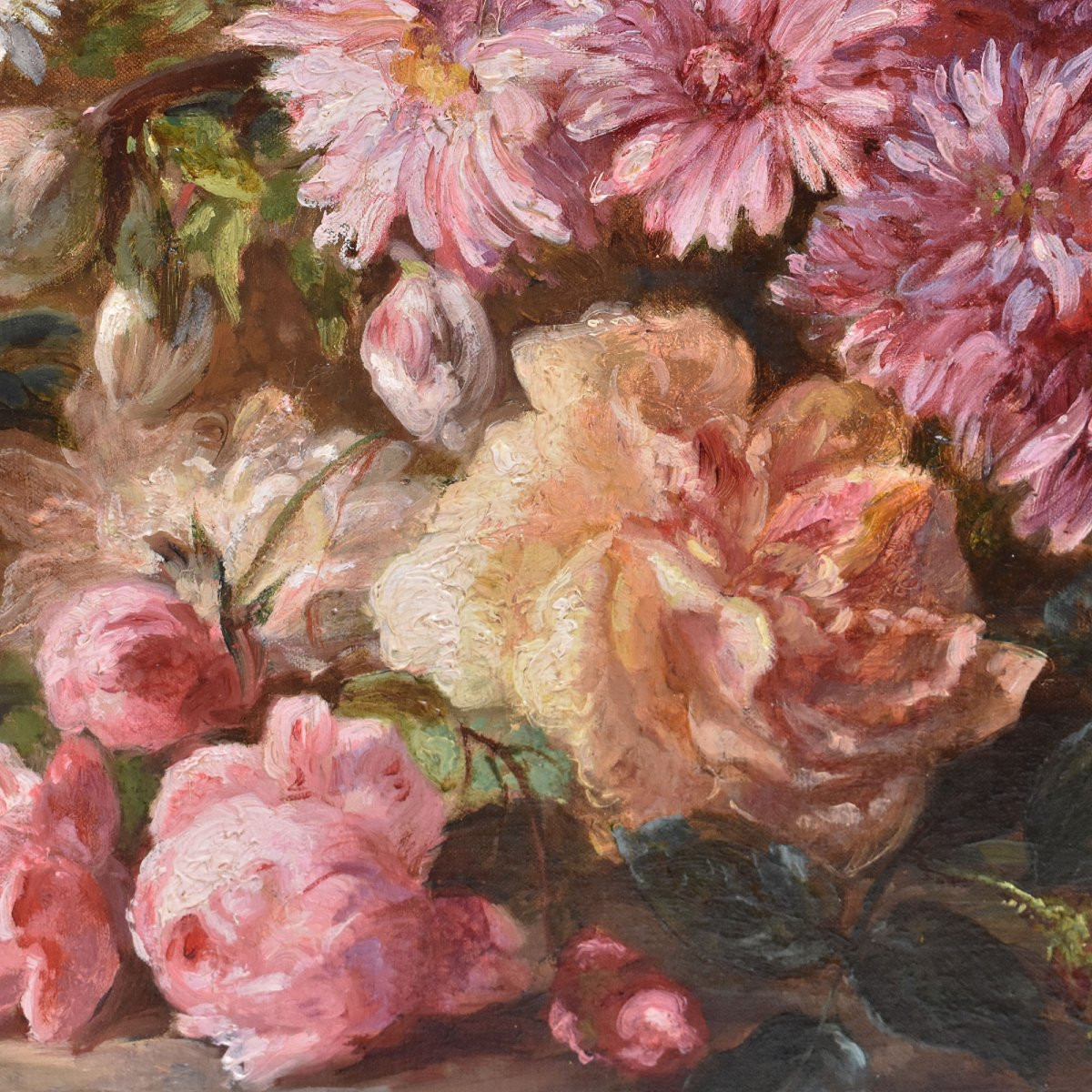 Tableau Ancien Fleurs, Antoine Jules Pelletier, Roses Et Marguerites, XIXè Siecle. (QF680)-photo-1