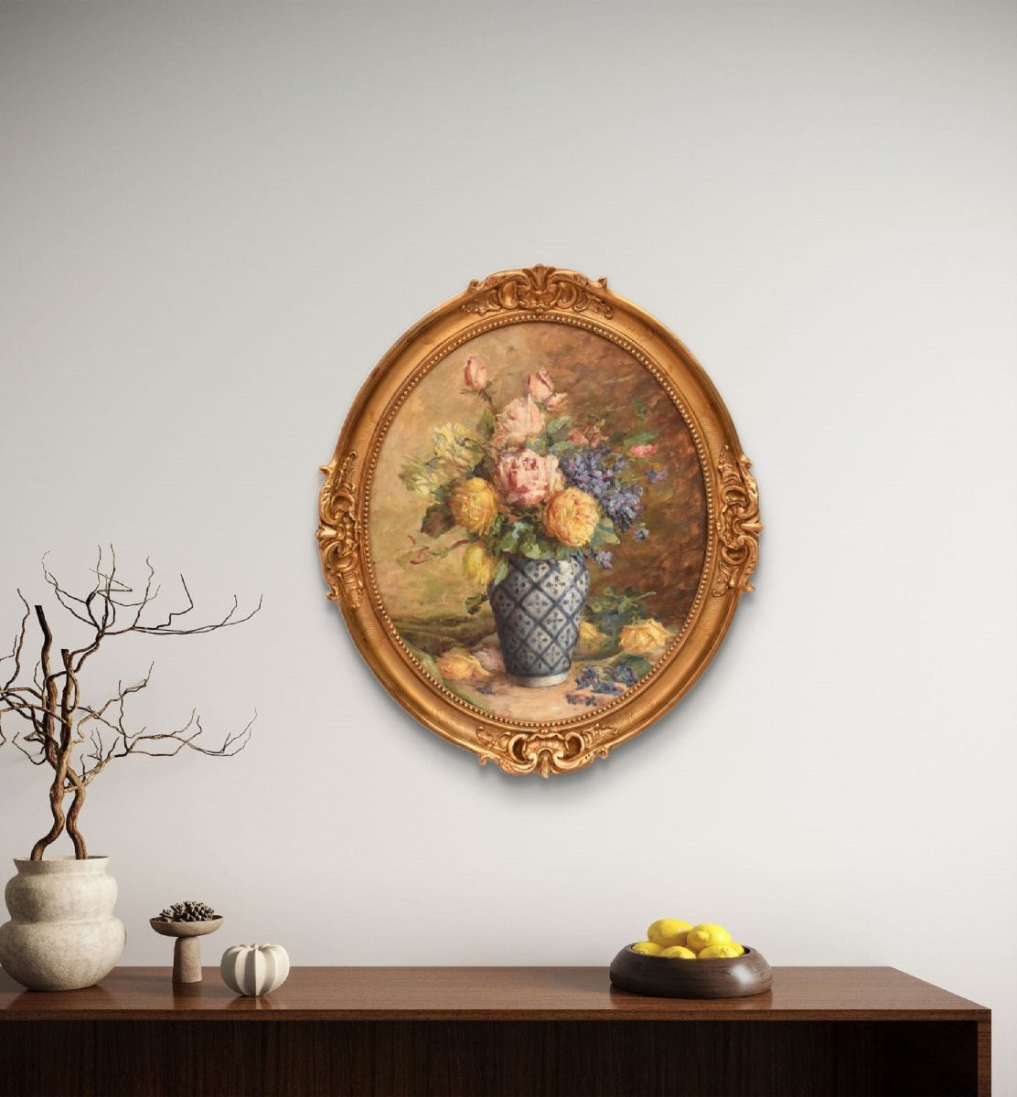 Tableau Ancien, Marie Antoinette Queroy, Nature Morte De Roses, Huile Sur Toile, XX. (QF681)-photo-2