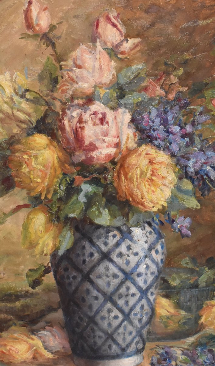 Tableau Ancien, Marie Antoinette Queroy, Nature Morte De Roses, Huile Sur Toile, XX. (QF681)-photo-3