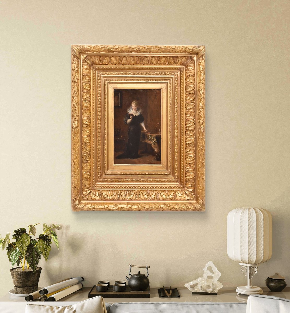 Antique Portrait Painting, Elegant Lady Reading, Female Portrait, Oil On Wood, XIX. (qr684)-photo-2