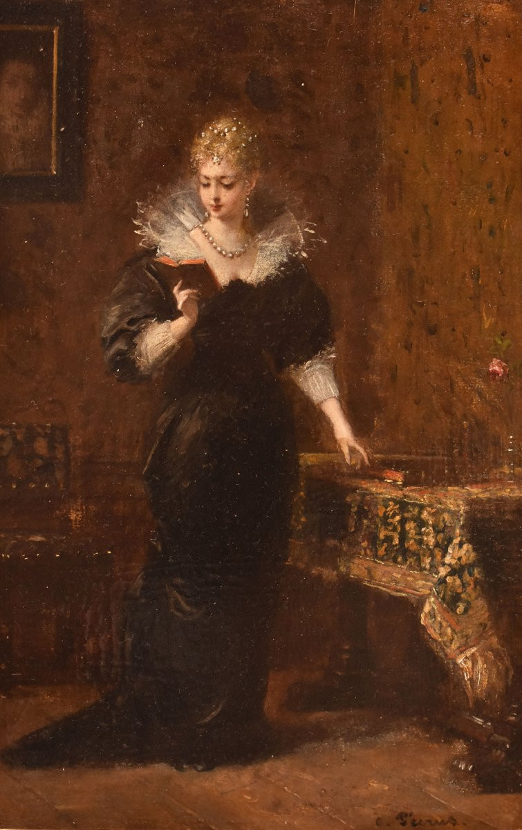 Antique Portrait Painting, Elegant Lady Reading, Female Portrait, Oil On Wood, XIX. (qr684)-photo-3