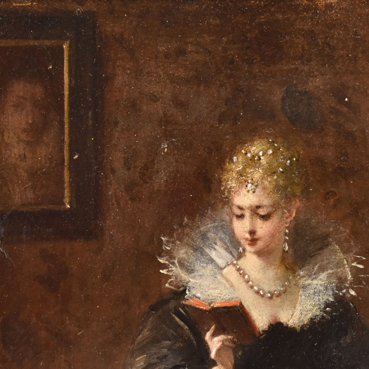 Antique Portrait Painting, Elegant Lady Reading, Female Portrait, Oil On Wood, XIX. (qr684)-photo-2