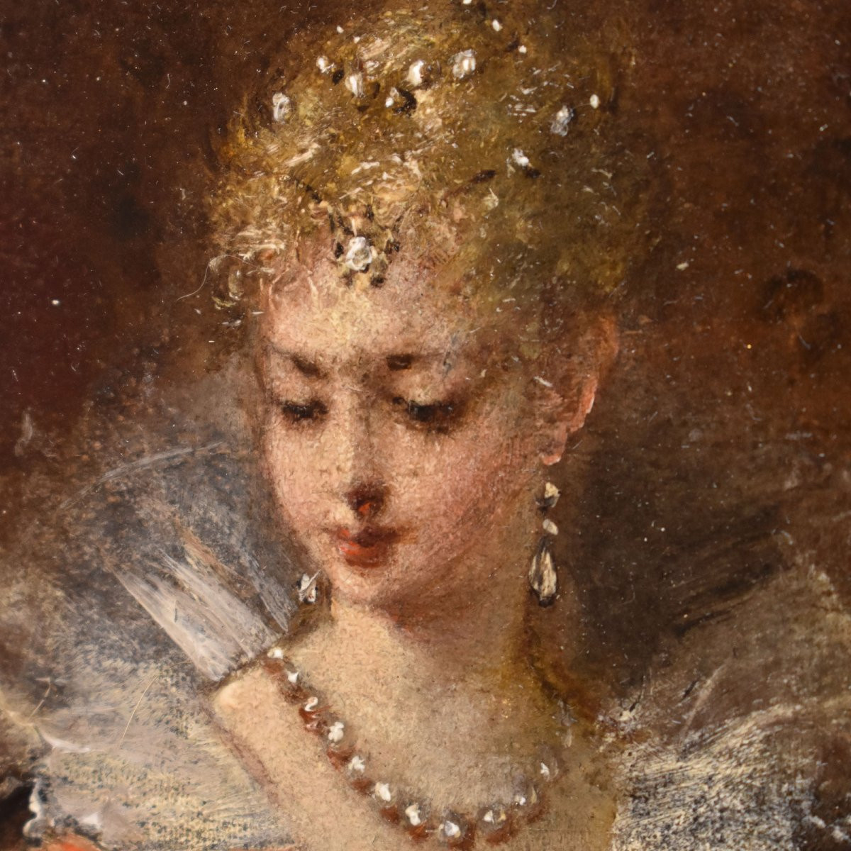 Antique Portrait Painting, Elegant Lady Reading, Female Portrait, Oil On Wood, XIX. (qr684)-photo-3