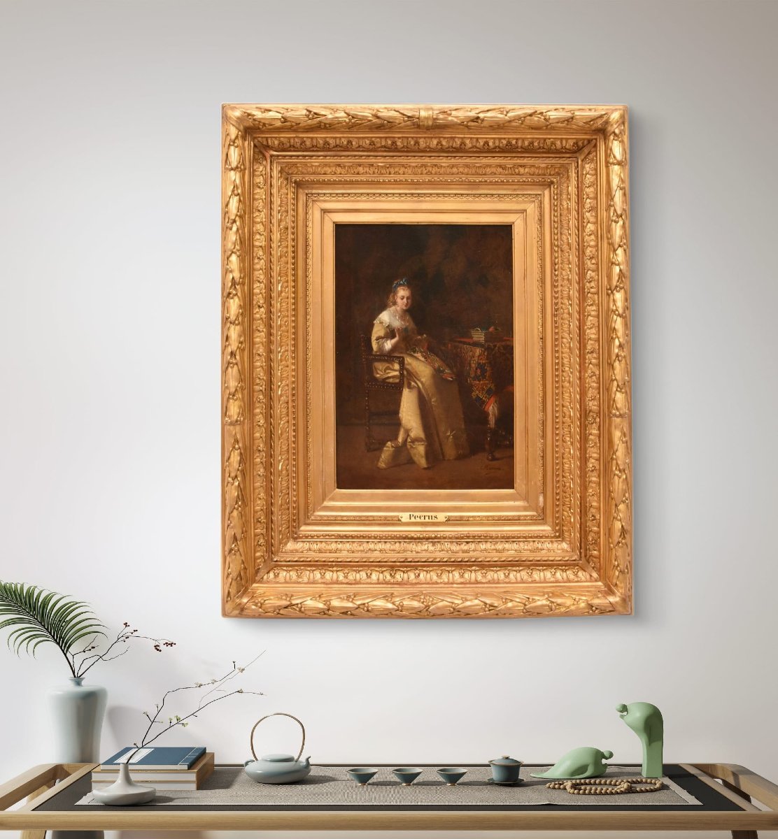 Antique Portrait Painting, Elegant Lady Sewing, Female Portrait, Oil On Wood, XIX. (qr685)-photo-2