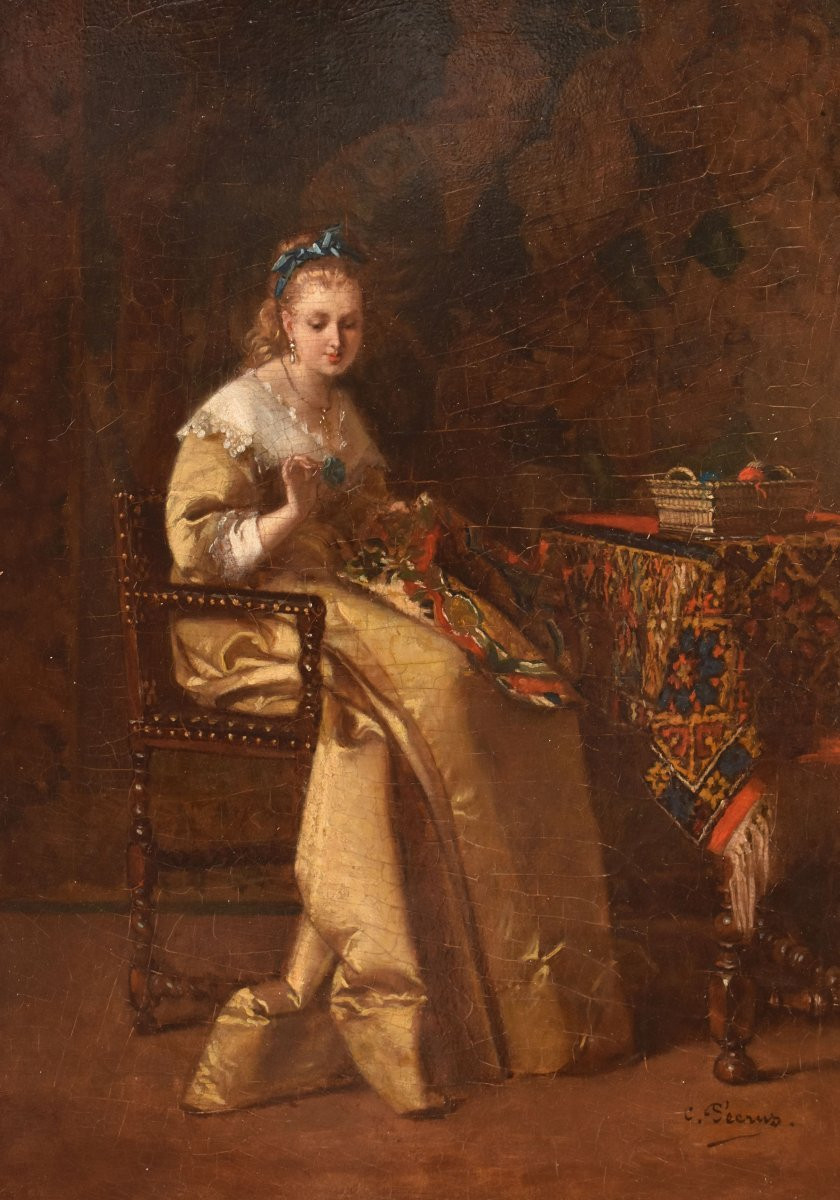 Antique Portrait Painting, Elegant Lady Sewing, Female Portrait, Oil On Wood, XIX. (qr685)-photo-3