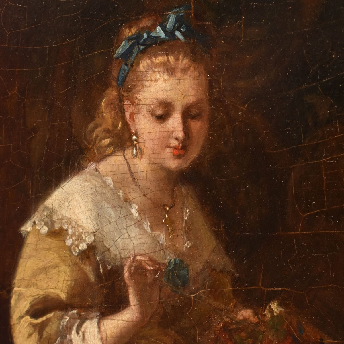 Antique Portrait Painting, Elegant Lady Sewing, Female Portrait, Oil On Wood, XIX. (qr685)-photo-4