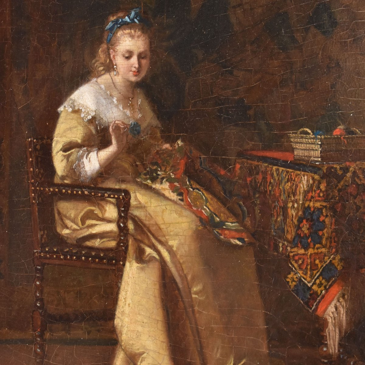 Antique Portrait Painting, Elegant Lady Sewing, Female Portrait, Oil On Wood, XIX. (qr685)-photo-1