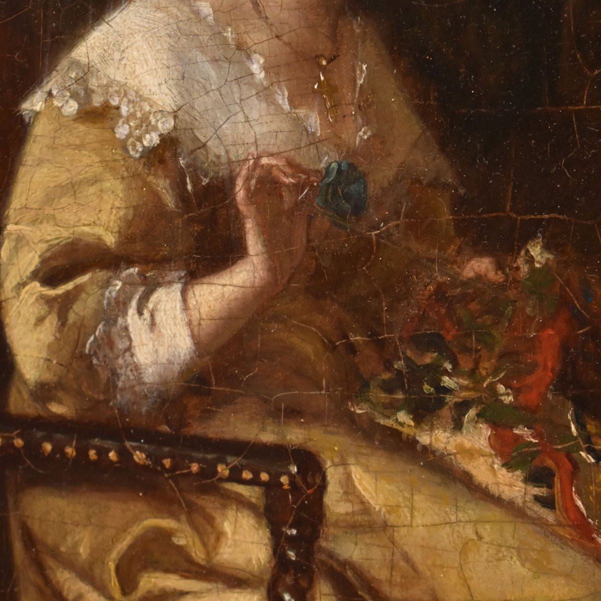 Antique Portrait Painting, Elegant Lady Sewing, Female Portrait, Oil On Wood, XIX. (qr685)-photo-2