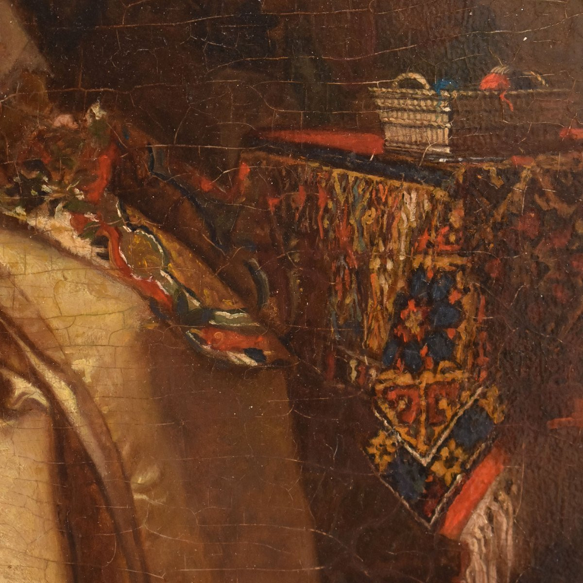 Antique Portrait Painting, Elegant Lady Sewing, Female Portrait, Oil On Wood, XIX. (qr685)-photo-3