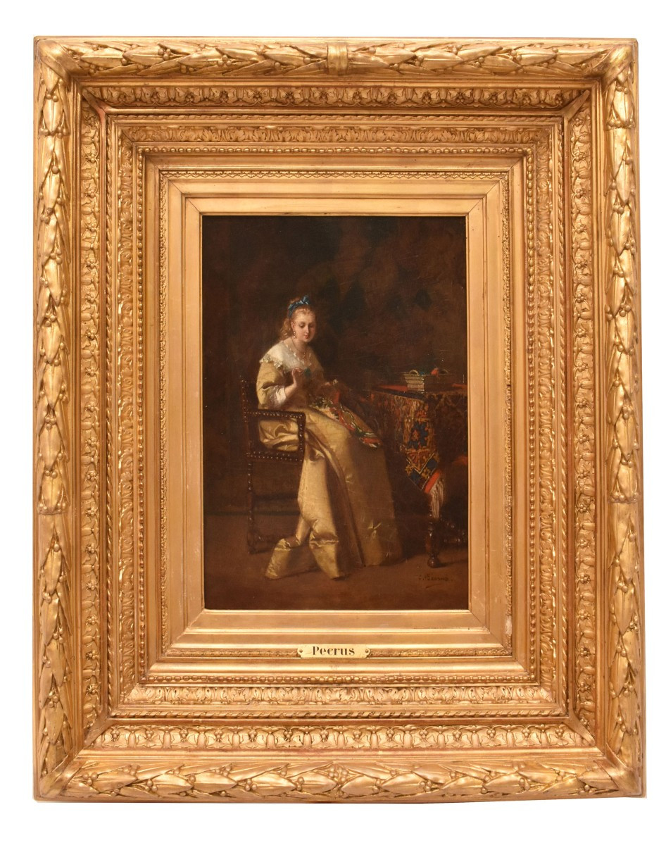 Antique Portrait Painting, Elegant Lady Sewing, Female Portrait, Oil On Wood, XIX. (qr685)