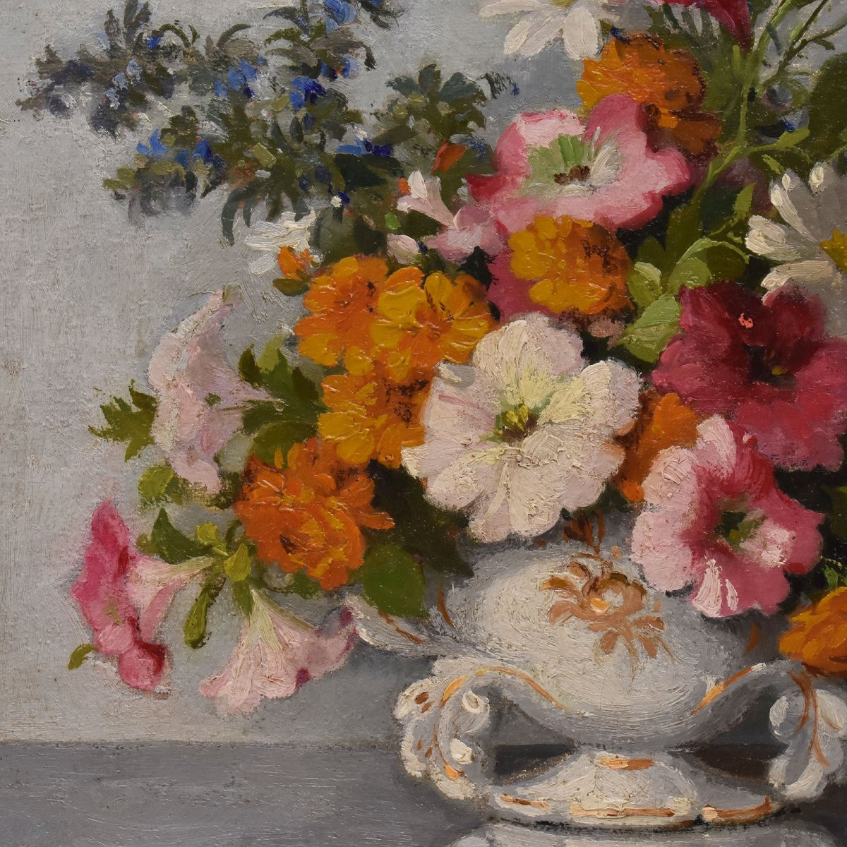 Tableau Ancien Fleurs, Maurice Alfred Decamps, Peinture Fleurs, Pétunias Et Marguerites (QF686)-photo-4