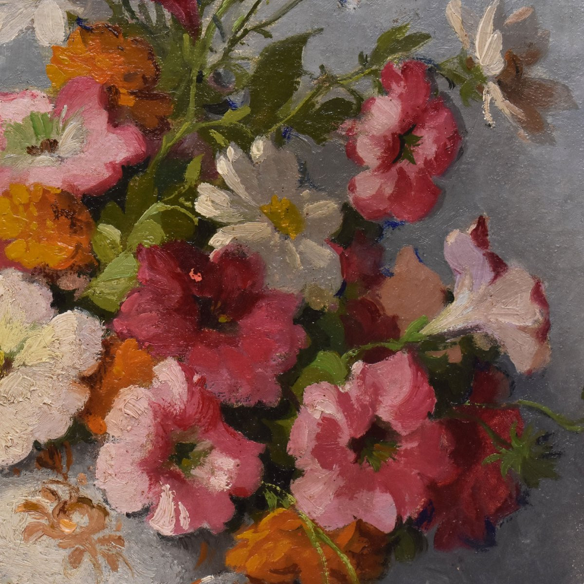 Tableau Ancien Fleurs, Maurice Alfred Decamps, Peinture Fleurs, Pétunias Et Marguerites (QF686)-photo-1