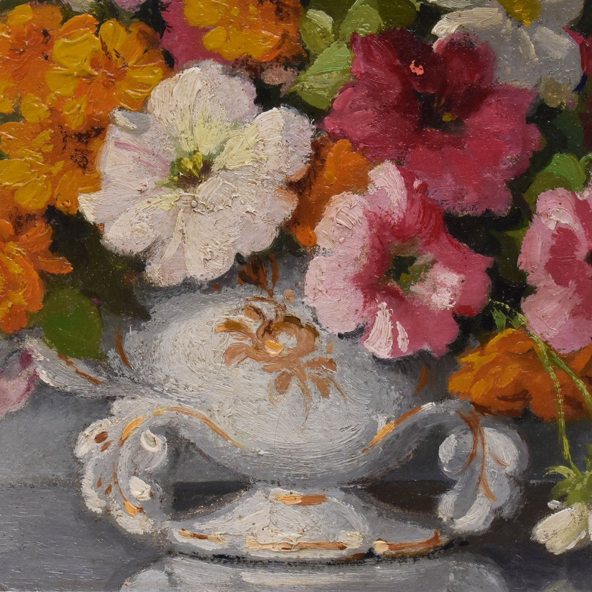 Tableau Ancien Fleurs, Maurice Alfred Decamps, Peinture Fleurs, Pétunias Et Marguerites (QF686)-photo-2