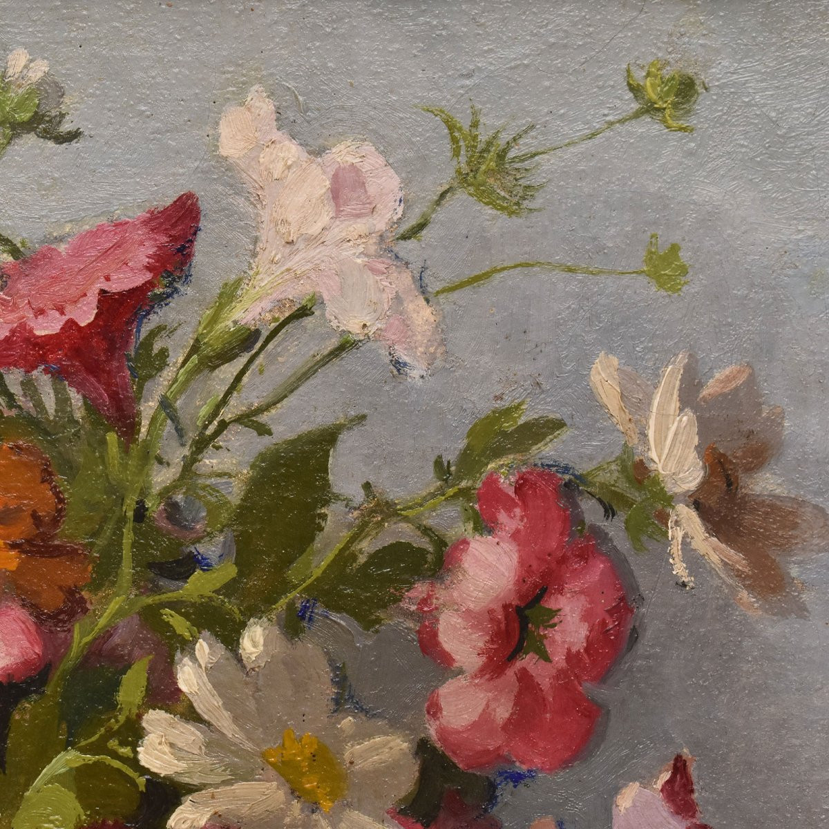 Tableau Ancien Fleurs, Maurice Alfred Decamps, Peinture Fleurs, Pétunias Et Marguerites (QF686)-photo-3