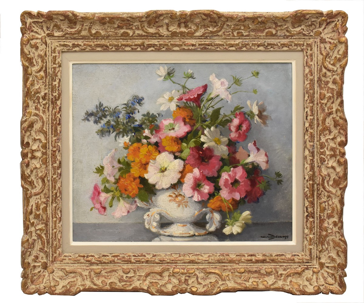 Tableau Ancien Fleurs, Maurice Alfred Decamps, Peinture Fleurs, Pétunias Et Marguerites (QF686)