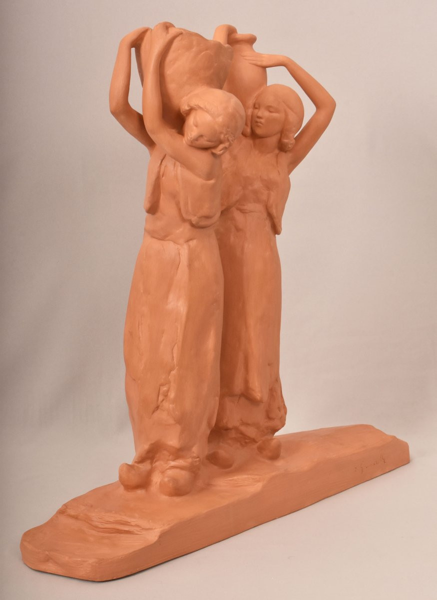 Art Déco Sculpture, Terracotta, Two Young Women With An Amphora, Amedeo Gennarelli, XX (stte98)-photo-3