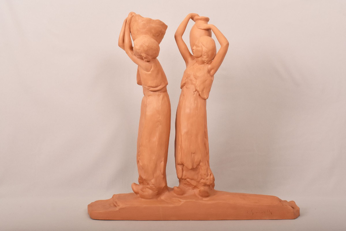 Art Déco Sculpture, Terracotta, Two Young Women With An Amphora, Amedeo Gennarelli, XX (stte98)