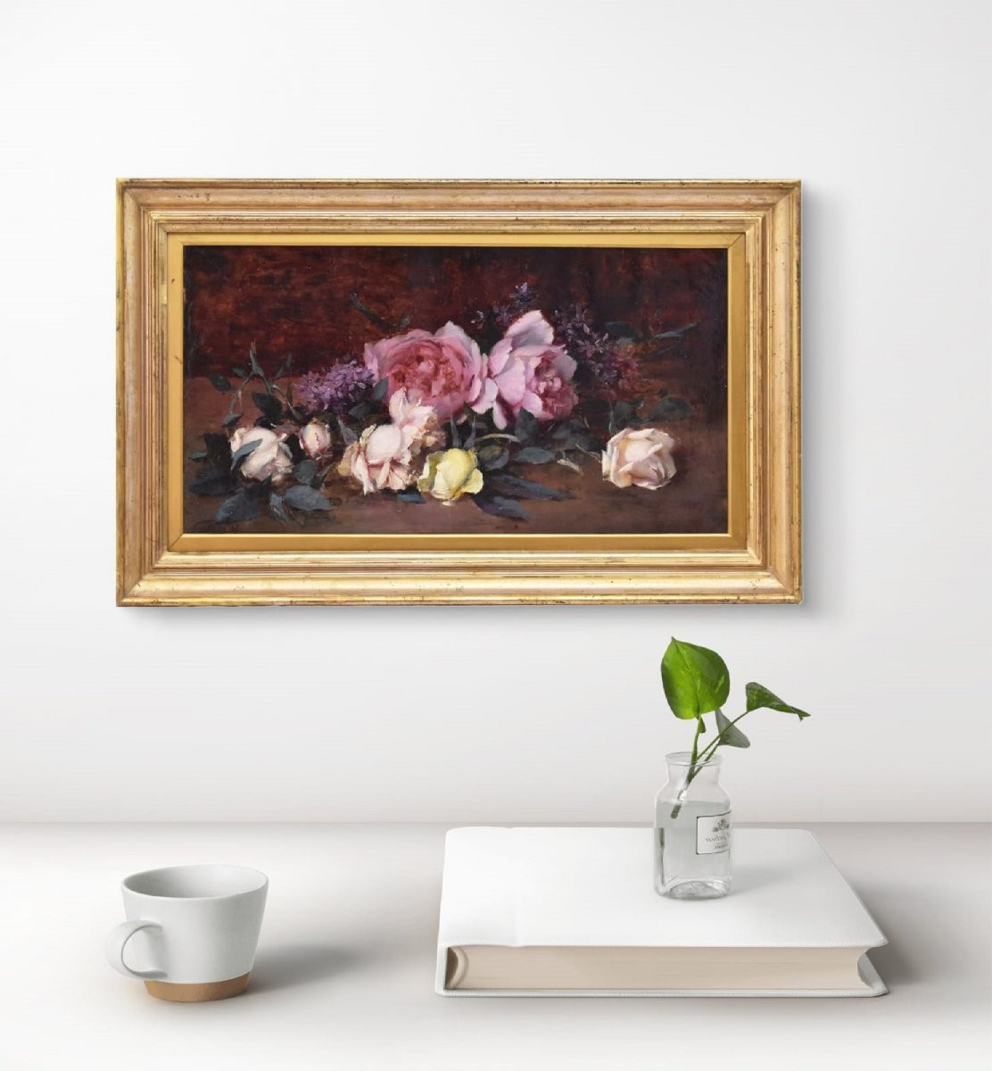 Still Life Painting, Flowers Painting, Pink And White Roses, Jeté De Roses, Antique Oil (qf687)-photo-2