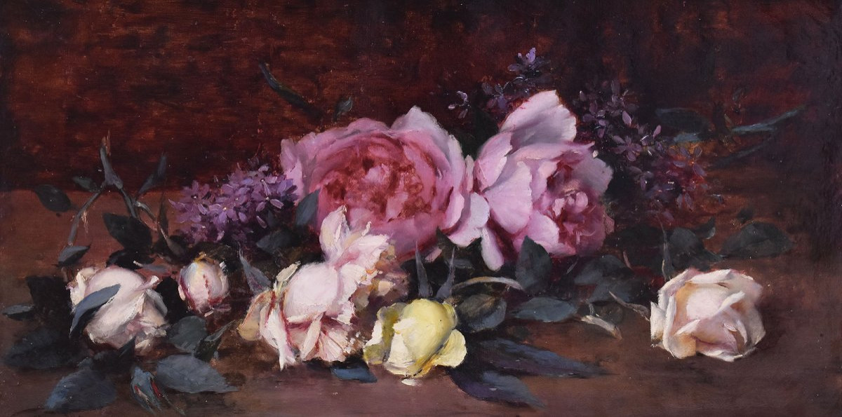 Still Life Painting, Flowers Painting, Pink And White Roses, Jeté De Roses, Antique Oil (qf687)-photo-3