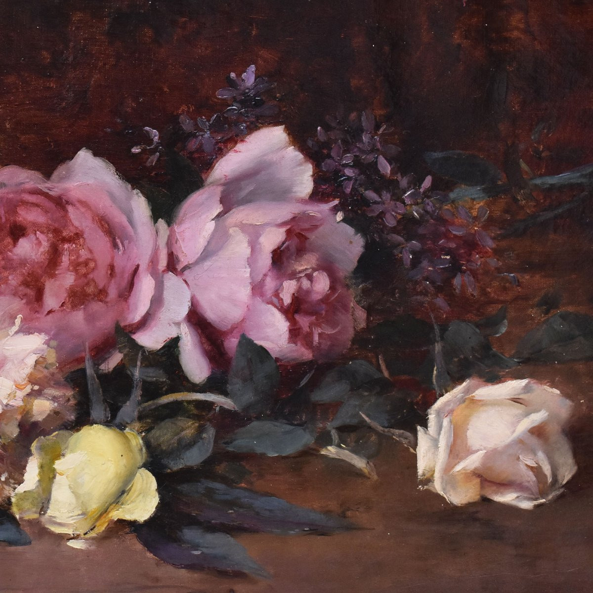 Still Life Painting, Flowers Painting, Pink And White Roses, Jeté De Roses, Antique Oil (qf687)-photo-4