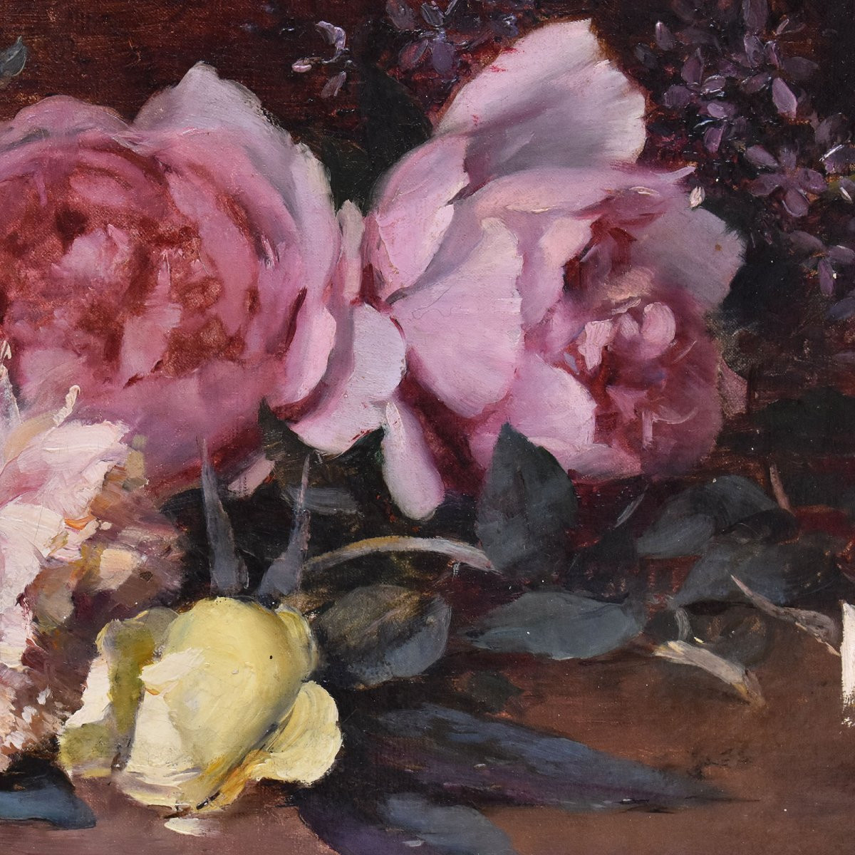 Still Life Painting, Flowers Painting, Pink And White Roses, Jeté De Roses, Antique Oil (qf687)-photo-1