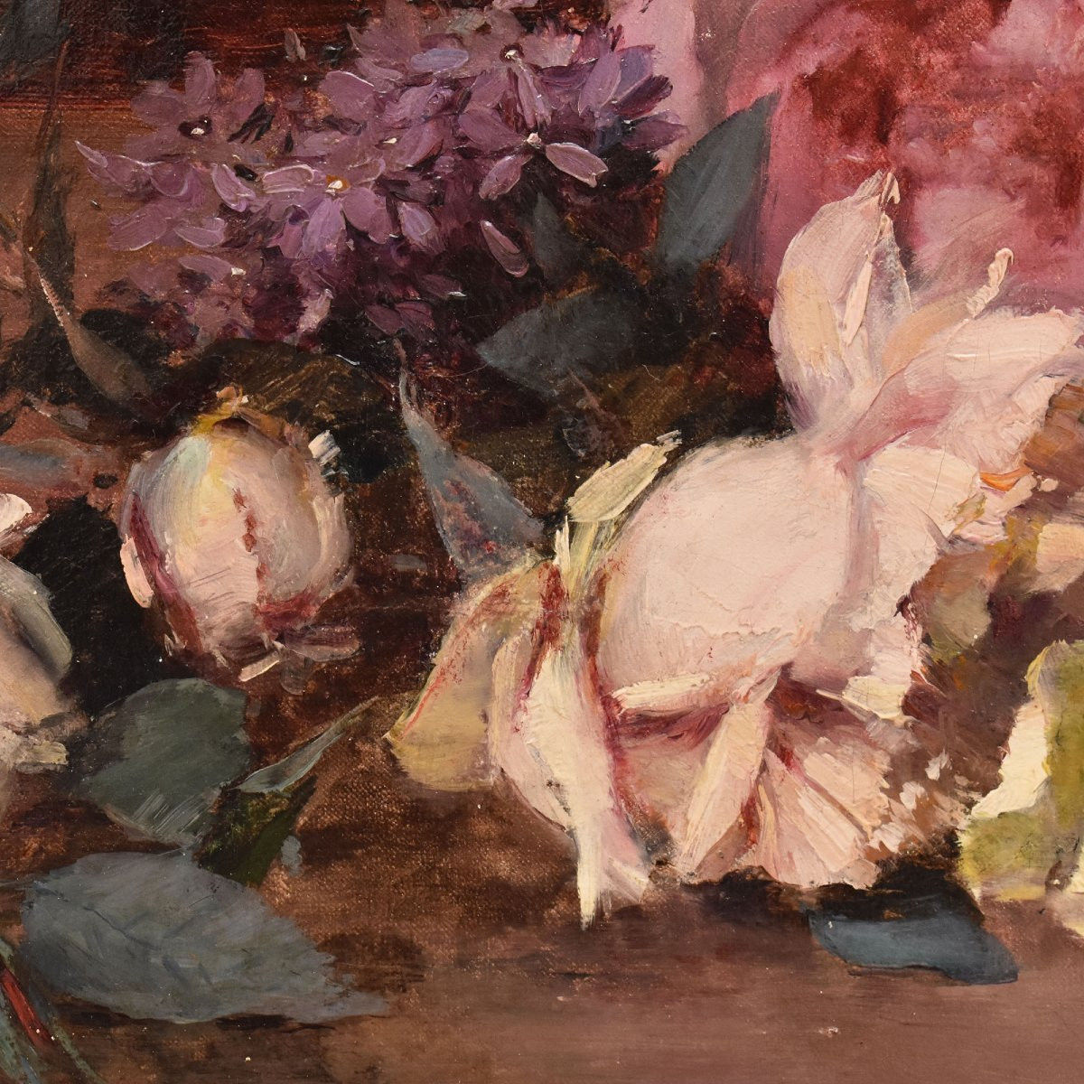 Still Life Painting, Flowers Painting, Pink And White Roses, Jeté De Roses, Antique Oil (qf687)-photo-2