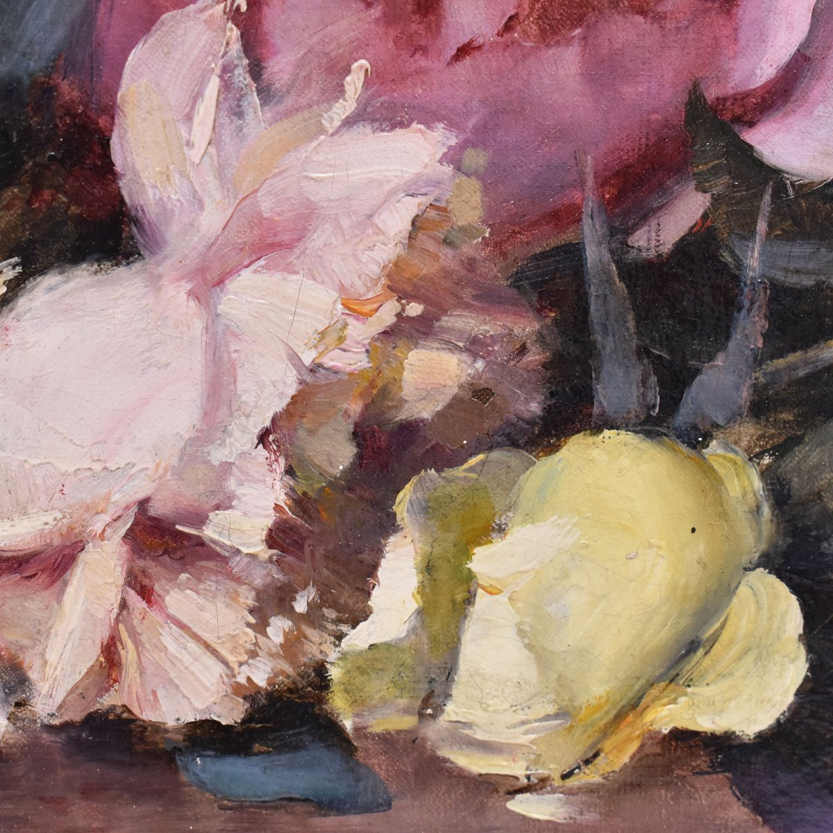Still Life Painting, Flowers Painting, Pink And White Roses, Jeté De Roses, Antique Oil (qf687)-photo-4