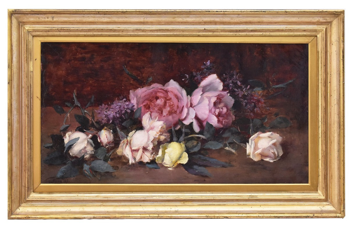 Still Life Painting, Flowers Painting, Pink And White Roses, Jeté De Roses, Antique Oil (qf687)