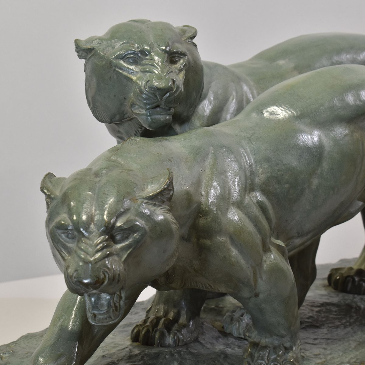 Antique Bronze Statues, Irénée Rochard, Two Large Panthers, Art Deco, XX Century. (stb102)-photo-3