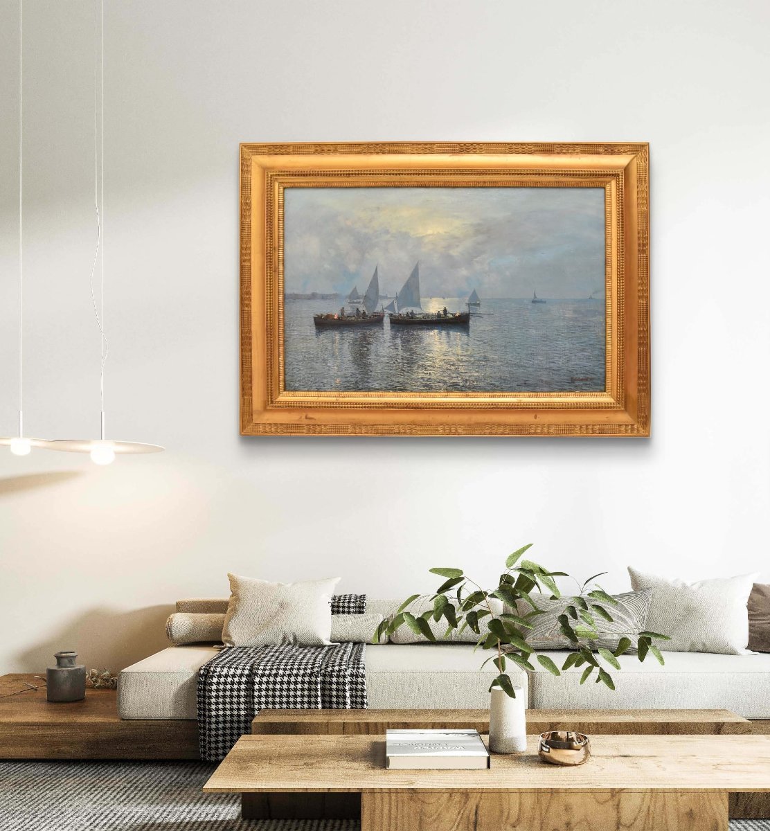 Tableau Marine Ancien, Fausto Pratella, Marine Au Coucher Du Soleil, Début Du XX Siècle (QM688)-photo-2