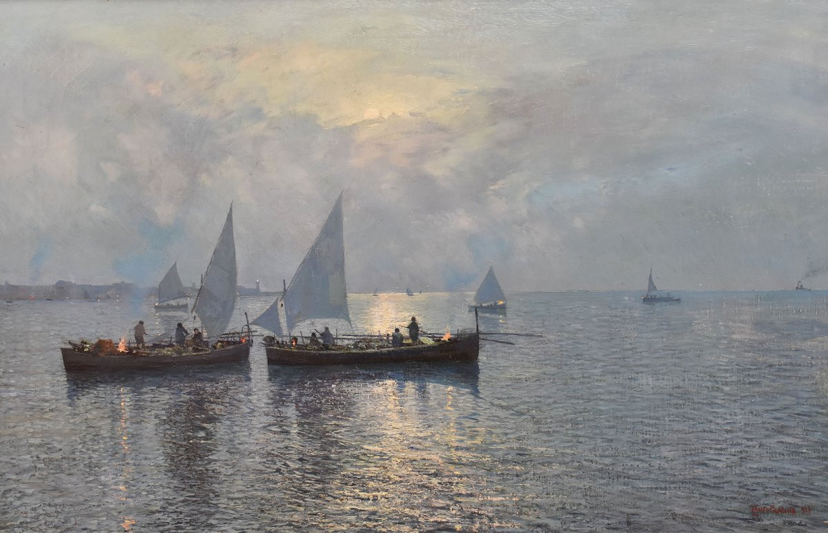 Tableau Marine Ancien, Fausto Pratella, Marine Au Coucher Du Soleil, Début Du XX Siècle (QM688)-photo-3