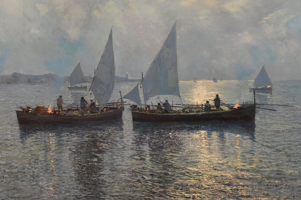 Tableau Marine Ancien, Fausto Pratella, Marine Au Coucher Du Soleil, Début Du XX Siècle (QM688)-photo-4