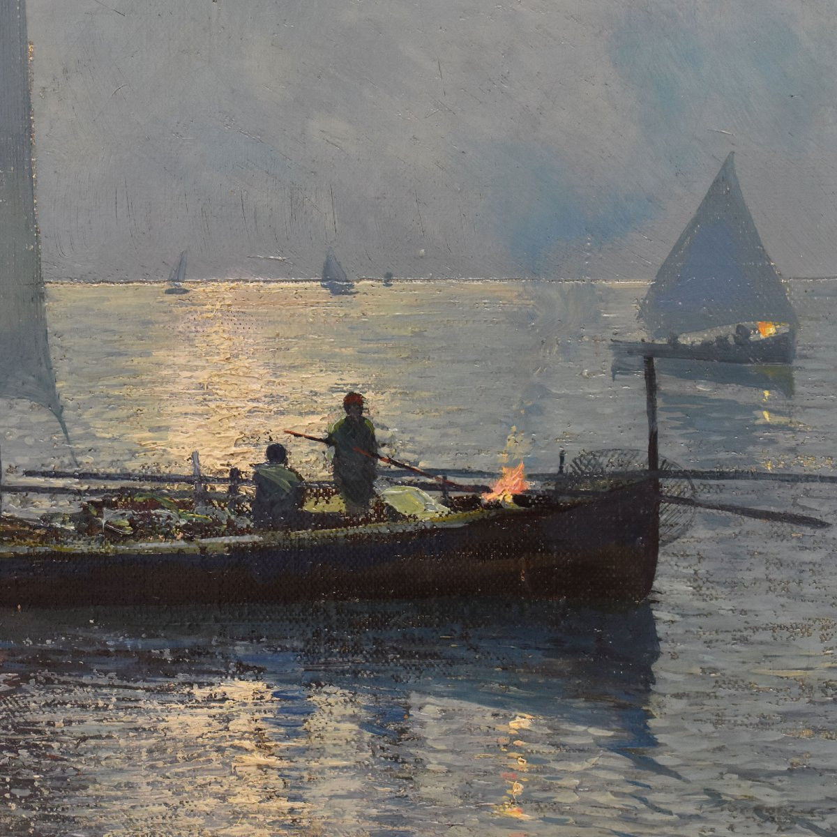 Tableau Marine Ancien, Fausto Pratella, Marine Au Coucher Du Soleil, Début Du XX Siècle (QM688)-photo-1
