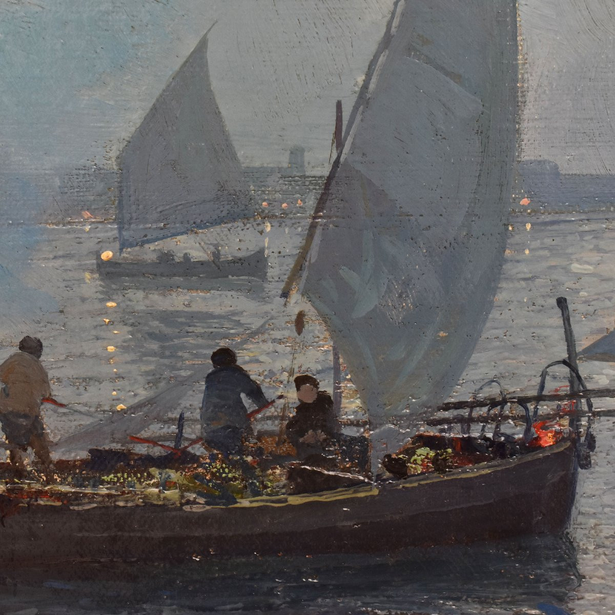 Tableau Marine Ancien, Fausto Pratella, Marine Au Coucher Du Soleil, Début Du XX Siècle (QM688)-photo-3