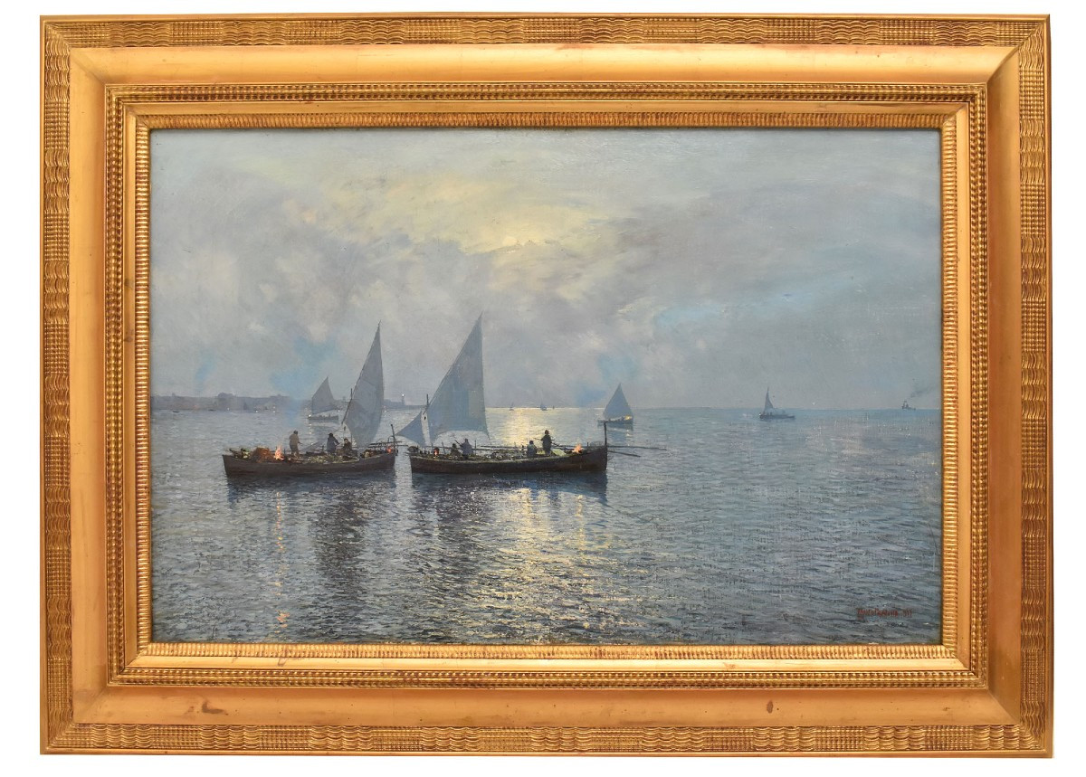 Tableau Marine Ancien, Fausto Pratella, Marine Au Coucher Du Soleil, Début Du XX Siècle (QM688)