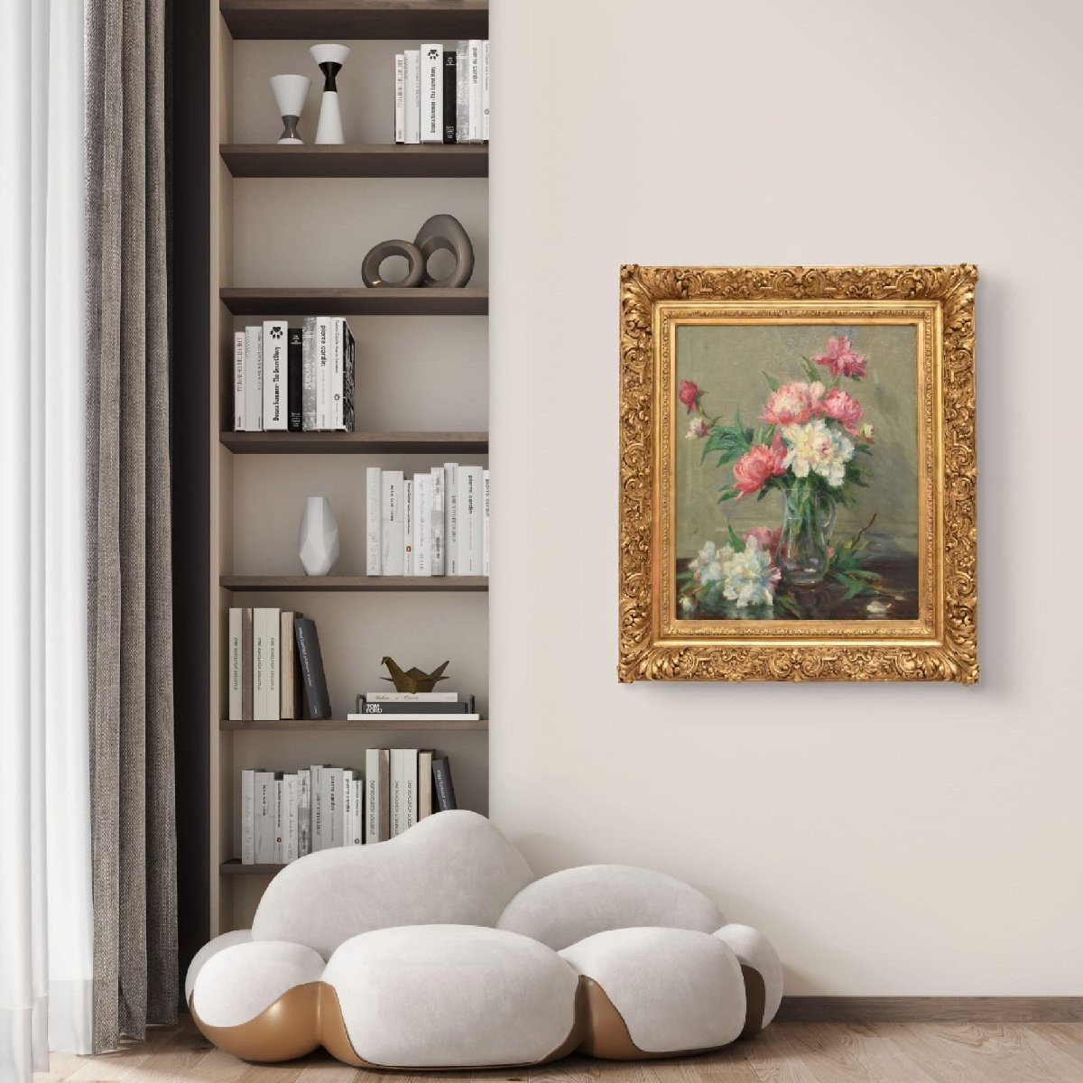 Antique Flower Painting, Peonies Flowers, Oil On Canvas, Early 20th Century. (qf689)-photo-2