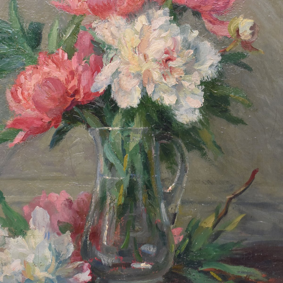 Antique Flower Painting, Peonies Flowers, Oil On Canvas, Early 20th Century. (qf689)-photo-4