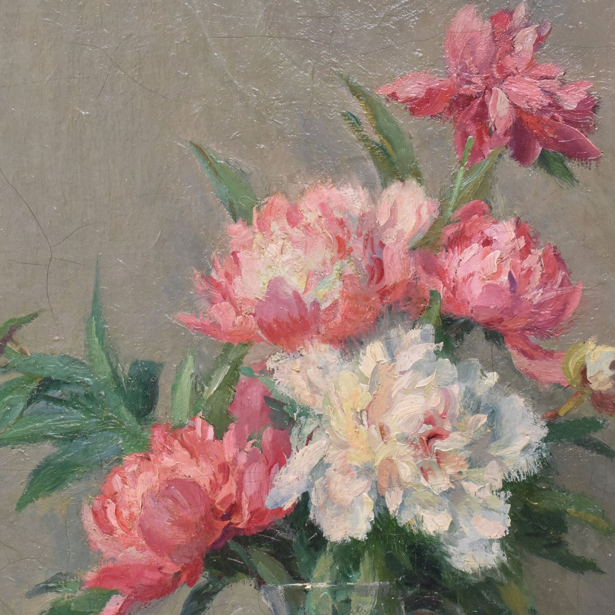 Antique Flower Painting, Peonies Flowers, Oil On Canvas, Early 20th Century. (qf689)-photo-1
