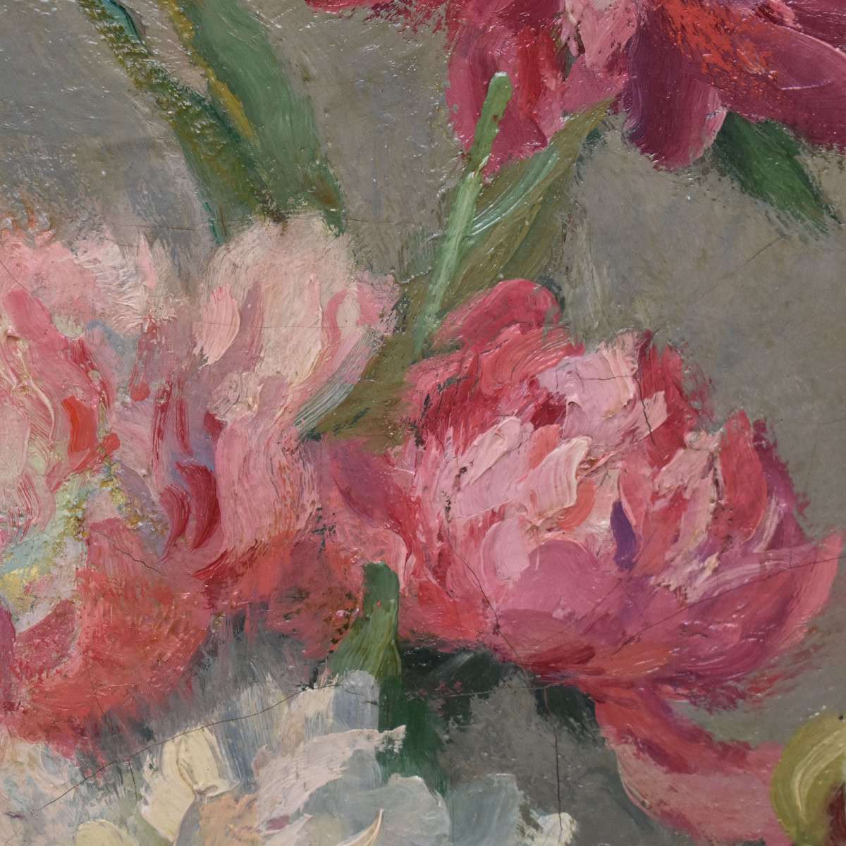 Antique Flower Painting, Peonies Flowers, Oil On Canvas, Early 20th Century. (qf689)-photo-3