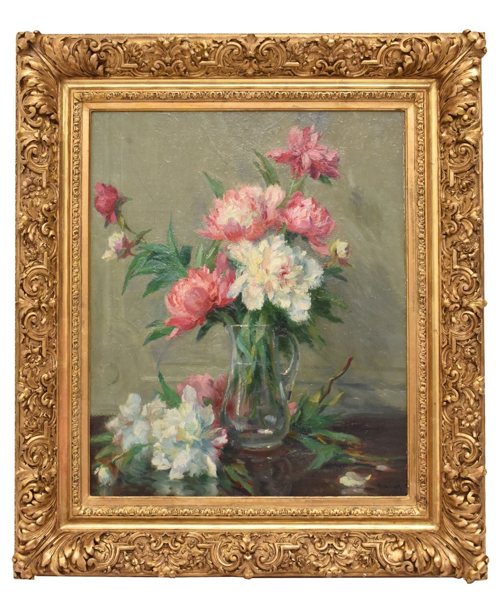 Antique Flower Painting, Peonies Flowers, Oil On Canvas, Early 20th Century. (qf689)