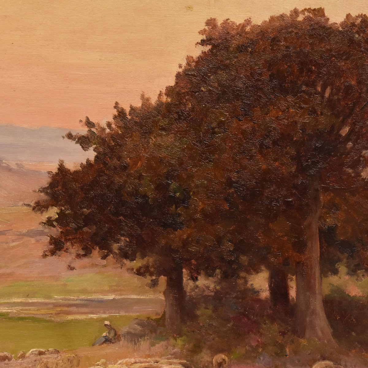 Tableau Ancien, Édouard Pail, Paysage Avec Bruyère Française Et Troupeau, Fin Du XIX (QP693)-photo-2