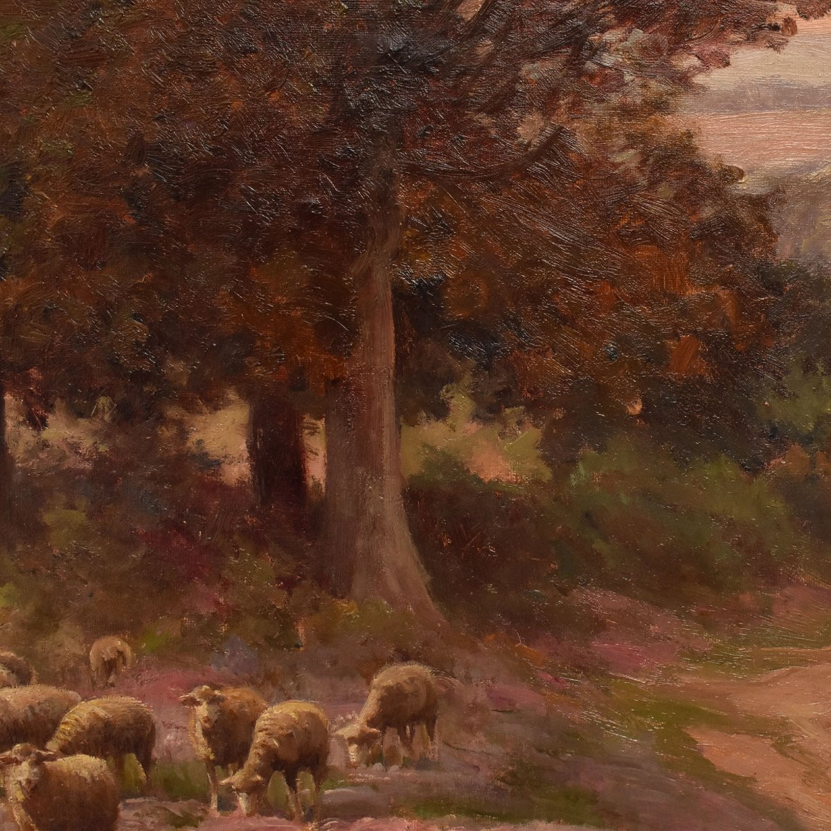 Tableau Ancien, Édouard Pail, Paysage Avec Bruyère Française Et Troupeau, Fin Du XIX (QP693)-photo-3