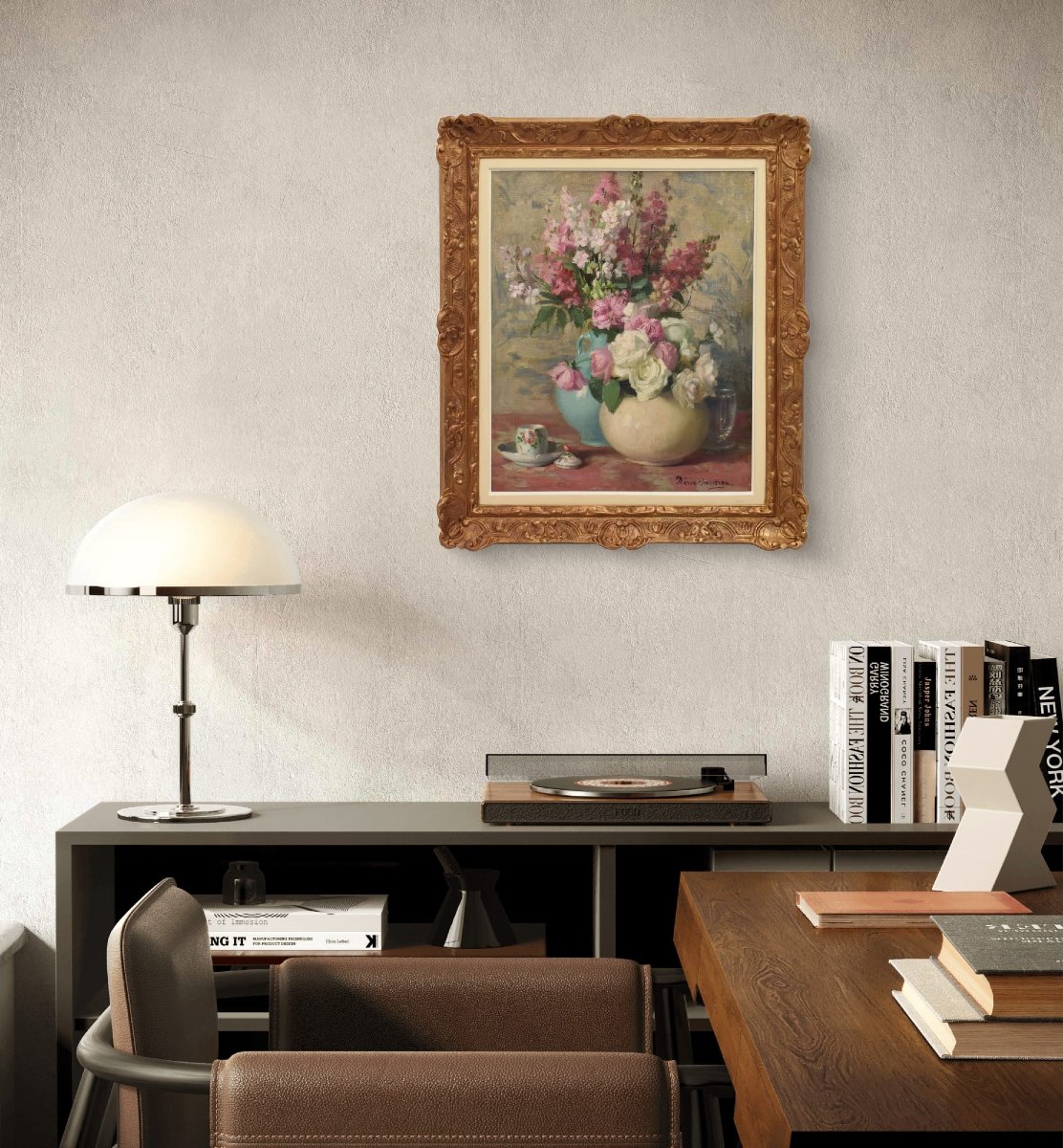 Tableau Ancien Fleurs, Jane Nérée-Gautier, Art Nouveau, Roses, XXè Siècle. (QF699)-photo-2