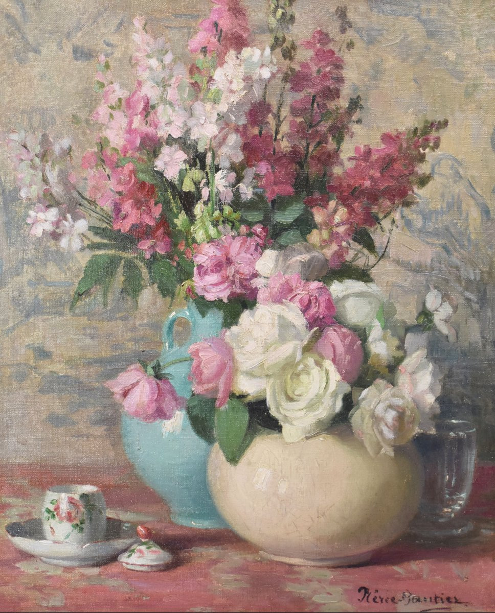 Tableau Ancien Fleurs, Jane Nérée-Gautier, Art Nouveau, Roses, XXè Siècle. (QF699)-photo-3